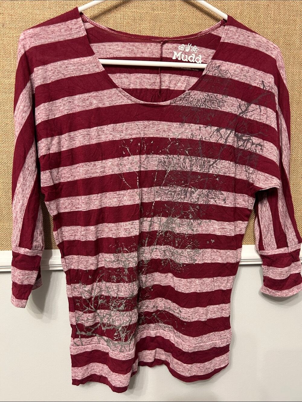 Mudd Women's Burgundy and Heather Pink Striped V-Neck Long Sleeve Top